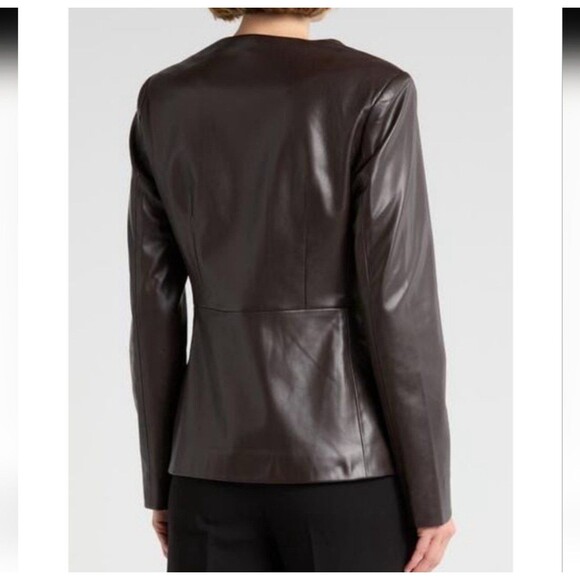 ELIE TAHARI V-Neck Faux Leather SingleButton Jacket Chocolate Brown Size 4NWT - Picture 2 of 7